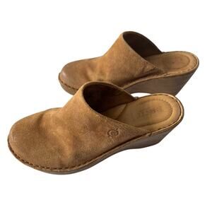 Born Natalie Clog Womens 9 Tan Suede Leather Platform Wedge Woodgrain Heel #DR